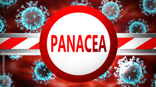 Panacea and covid, pictured by word Panacea and viruses to symbolize that Panacea is related to coronavirus pandemic, 3d illustration