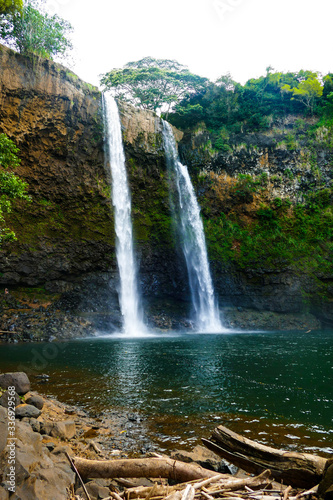 Rare view from beneath the Waimea Falls on Kauai, Hawaii