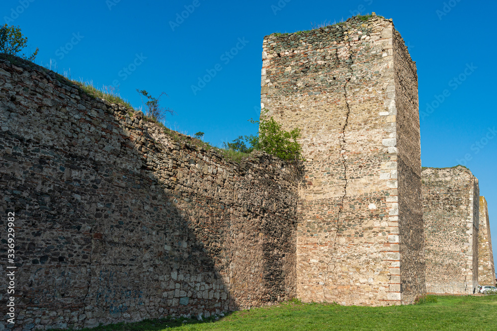 Smederevo, Serbia - May 02, 2019: The Smederevo Fortress is a medieval fortified city in Smederevo, Serbia. Smederevo fortress walls around the Small town. It was built between 1427 and 1430.