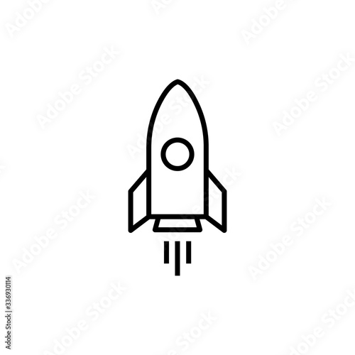 Outline rocket ship with fire. Vector illustration with flying rocket. Space travel. Project start up sign. Creative idea symbol. Black and white.