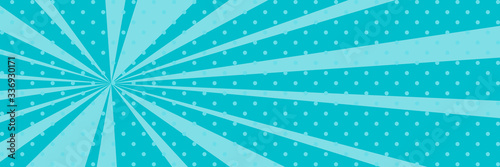 Cartoon retro pop art banner with sunbeam, dots on an azure banner and the sun's rays , vector illustration