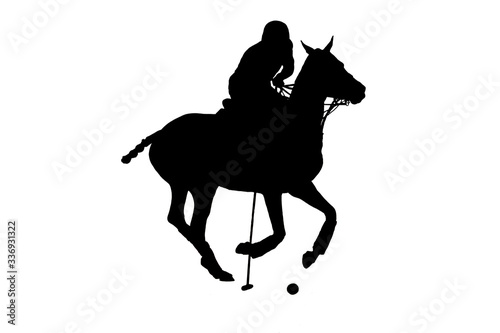 Black silhouette of horse polo player riding the galloping horse with mallet in the hand prepeared for kick on a ball