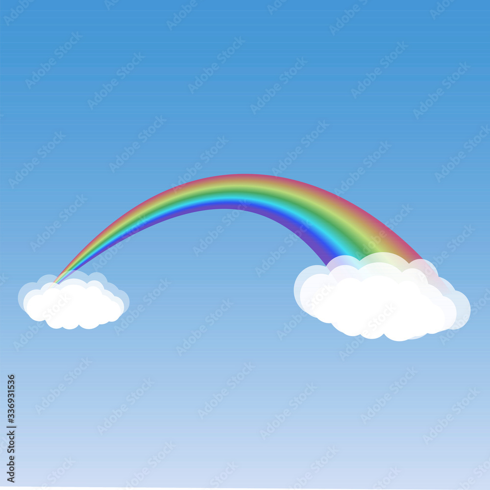 Rainbow in the blue sky between two clouds. Vector illustration. Rainbow in the blue sky between two clouds. Vector illustration.