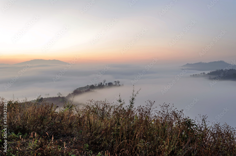 Sunrise mist mountain Yun Lai Sea Viewpoint is located at Santichon Village, Wiang Tai Subdistrict, Pai District, Mae Hong Son Province in Thailand