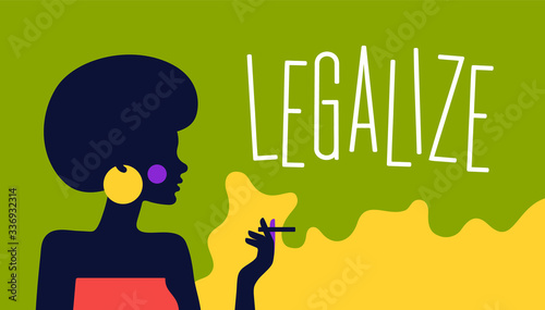 Modern flat character. Character of woman girl with cigarette. Woman smoking a cigarette on green background, legalize cannabis concept. Colorful contemporary art style. Vector Illustration