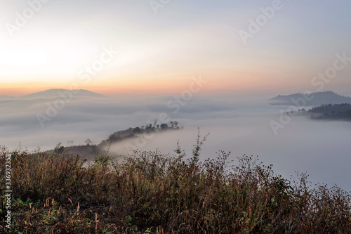 Sunrise mist mountain Yun Lai Sea Viewpoint is located at Santichon Village  Wiang Tai Subdistrict  Pai District  Mae Hong Son Province in Thailand