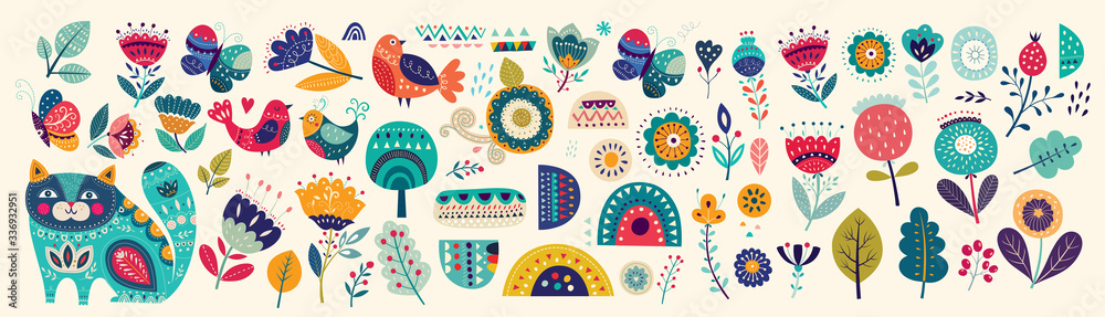 Big collection of flowers, leaves, birds, cat and spring symbols and decorative elements