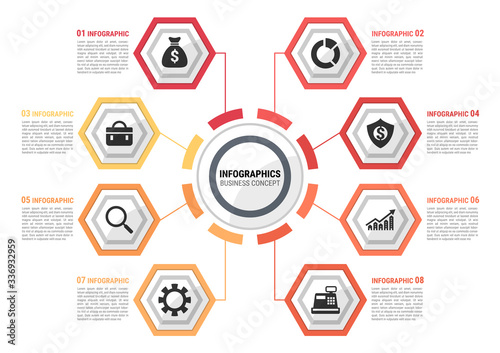Modern infographic template. Business concept with 8 options created for designers in the design of all kinds of works. integrated circles, for content, diagram, flowchart, timeline, workflow, chart.
