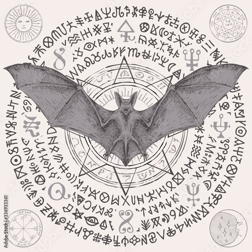 Vector hand-drawn illustration of a bat with open wings. Witchcraft, occult attributes, alchemical symbols. A night creature with fangs. Flying vampire on the background of a star and magic runes