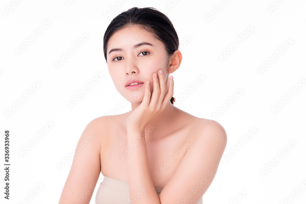 Beautiful Young Asian Woman with Clean Fresh Skin. Face care, Facial treatment, Cosmetology, beauty and healthy skin and cosmetic concept, woman beauty skin isolated on white background Beautiful Young Asian Woman with Clean Fresh Skin. Face care, Facial treatment, Cosmetology, beauty and healthy skin and cosmetic concept, woman beauty skin isolated on white background