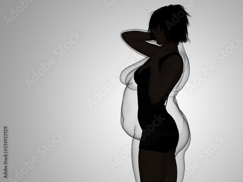 Conceptual fat overweight obese female vs slim fit healthy body after weight loss or diet with muscles thin young woman on gray. A fitness, nutrition or fatness obesity, health shape 3D illustration