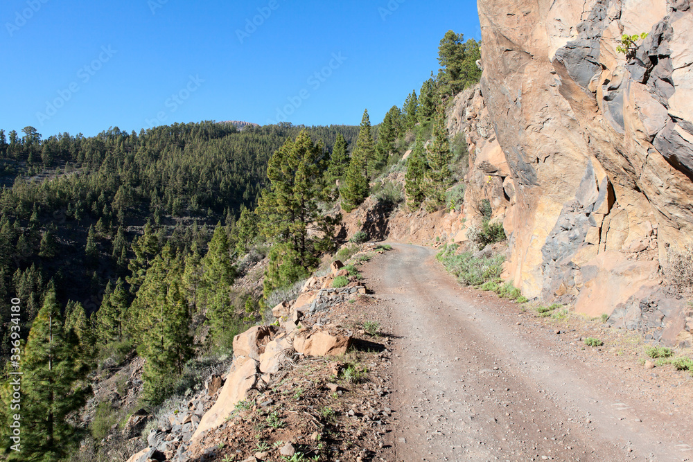 High altitude unsurfaced road is in mountains of Tenerife island, Canary, Spain