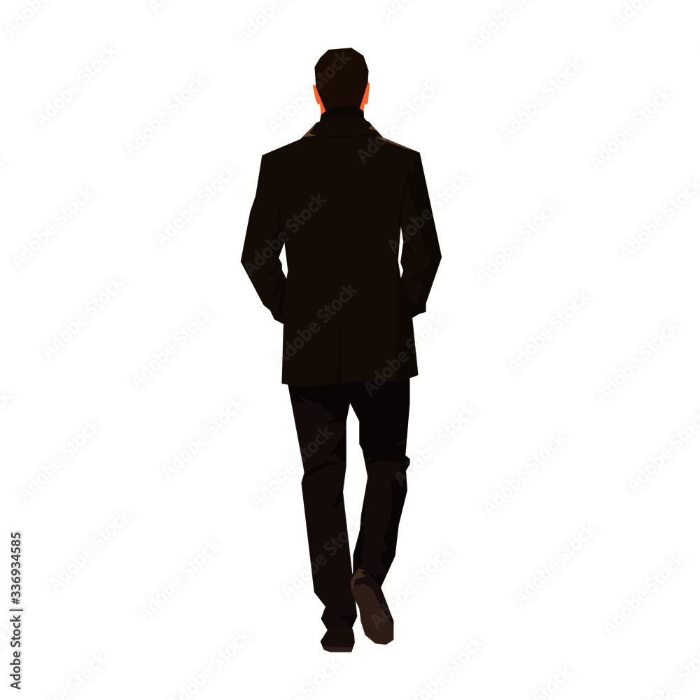 Businessman goes away, flat design isolated vector illustration. Rear view. Man in brown coat