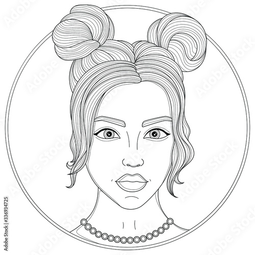 Girl with a beautiful hairstyle.Coloring book antistress for children and adults. Illustration isolated on white background.Zen-tangle and doodle style. Black and white drawing