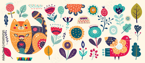 Big spring collection with flowers, leaves, bird, cat and spring symbols and decorative elements