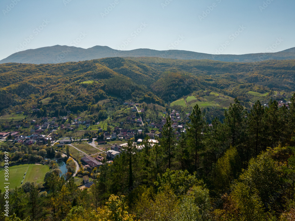 View from the old town of Ključ, located on Mount Breščici, on the modern settlement of Ključ and the Šiša and Grmeč mountains in the distance.