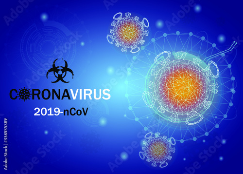 Hologram of coronavirus COVID-2019 on a blue futuristic background. Deadly type of virus 2019-nCoV.