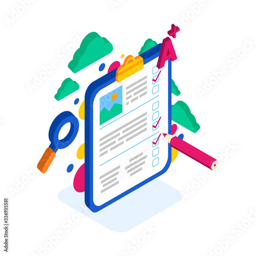 A tablet with a piece of paper, a test and a pencil, passing the knowledge exam and exam. Knowledge test. Online education for website and mobile site.Landing page template. Easy to edit and customize