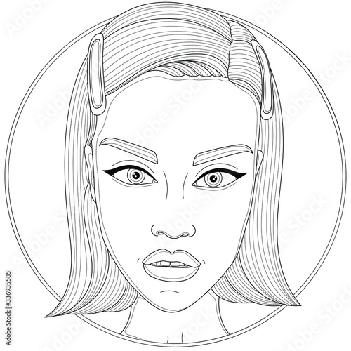 Girl with hairpins.Coloring book antistress for children and adults. Illustration isolated on white background.Zen-tangle and doodle style. Black and white drawing