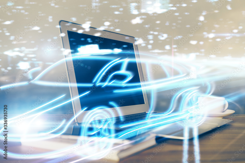 Obraz premium Desktop computer background in office with automobile hologram drawing. Multi exposure. Tech concept.