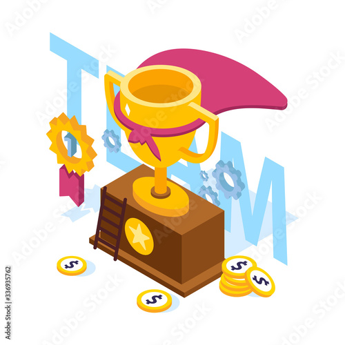 Collaboration is the construction of an agent group to create a team for team success. Web design banner. White isolated concept with flat isometric vector symbols. Teamwork. Cup. Competition.
