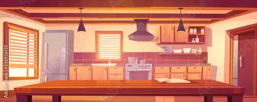 Rustic kitchen empty interior with wooden table, furniture and appliances. Oven, range hood, refrigerator and utensil. Cooking equipment in retro vintage style, jalousie. Cartoon vector illustration
