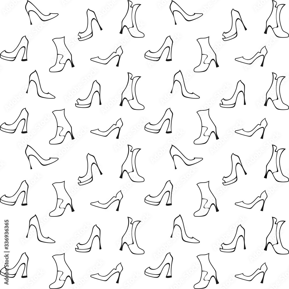 Black ladies high heels shoes and half-boots on a white background. Vector seamless pattern for shoe store, shoe factory, printing on packaging, wrapping paper, sales packages, fabric, textile. Flat