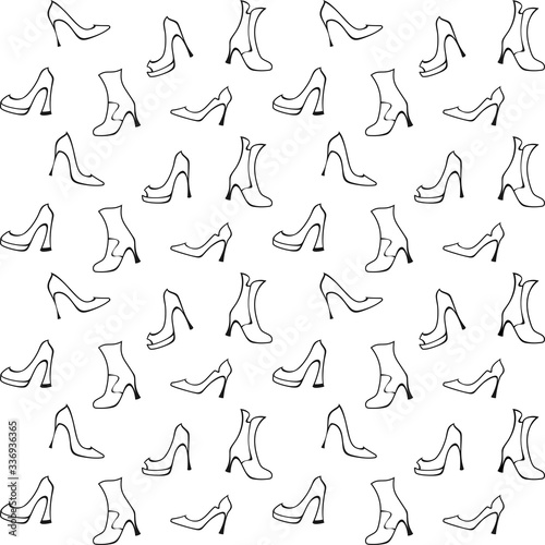 Black ladies high heels shoes and half-boots on a white background. Vector seamless pattern for shoe store  shoe factory  printing on packaging  wrapping paper  sales packages  fabric  textile. Flat