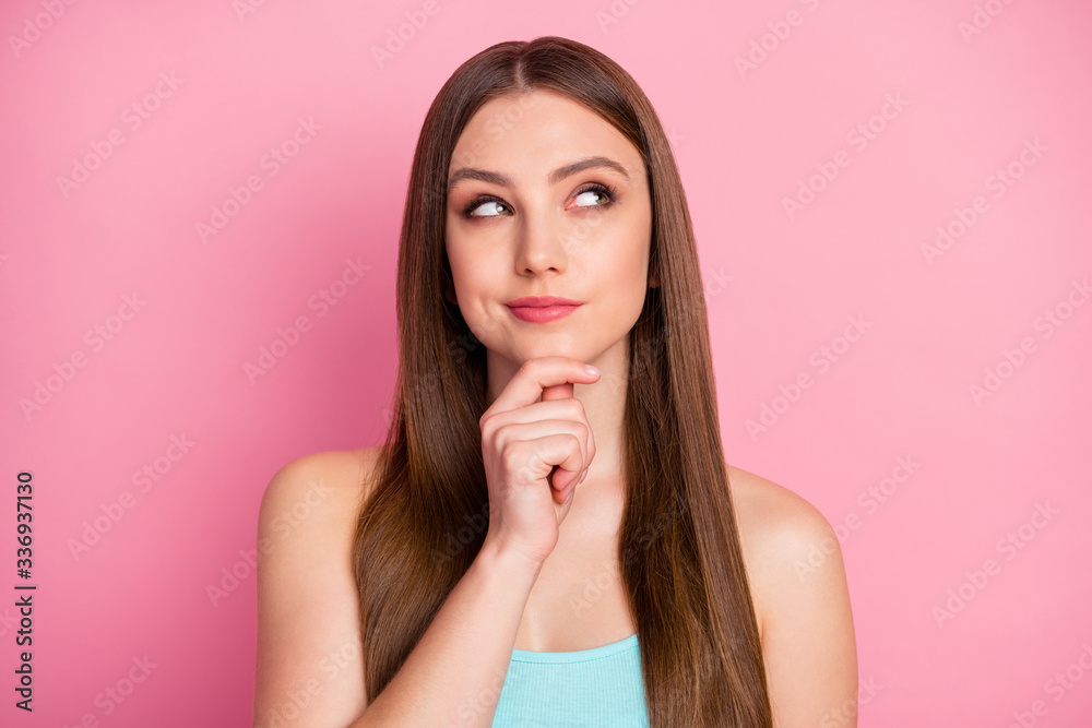Close-up portrait of her she nice attractive lovely pretty charming cheerful cheery curious straight-haired girl creating new strategy isolated over pink pastel color background Close-up portrait of her she nice attractive lovely pretty charming cheerful cheery curious straight-haired girl creating new strategy isolated over pink pastel color background