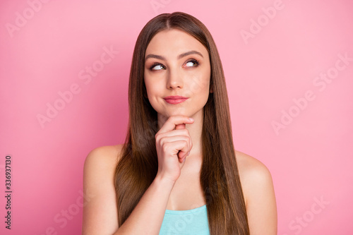 Close-up portrait of her she nice attractive lovely pretty charming cheerful cheery curious straight-haired girl creating new strategy isolated over pink pastel color background