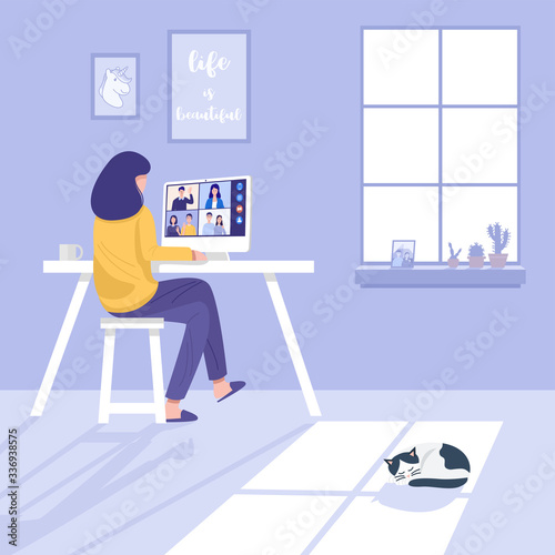 Video conferencing at home, Woman having video call meeting with clients at home. Vector