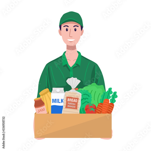 Online grocery concept. Delivery man delivering food. Vector