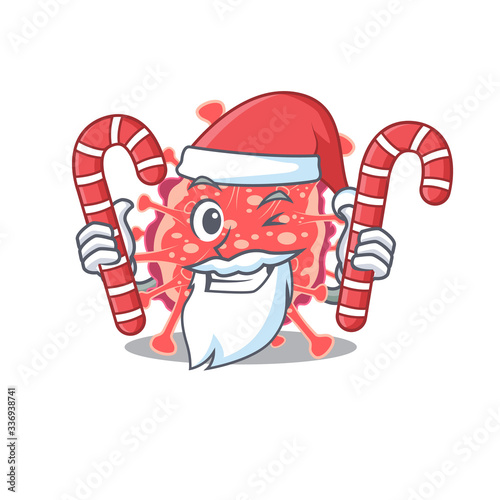 Friendly polyploviricotina in Santa Cartoon character holds Christmas candies photo