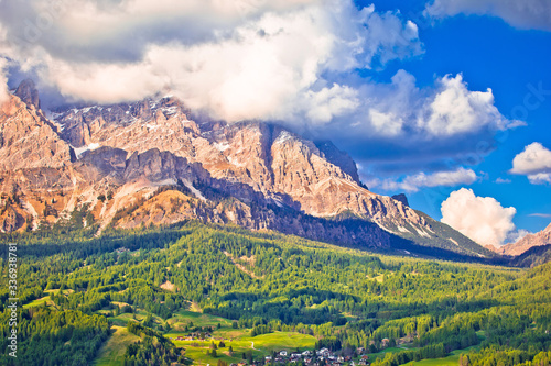 Alpine peaks and landscape of Cortina d' Ampezzo in Dolomites Alps view photo