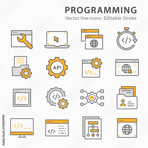 Programming flat line icon set. Vector illustration. Editable stroke.