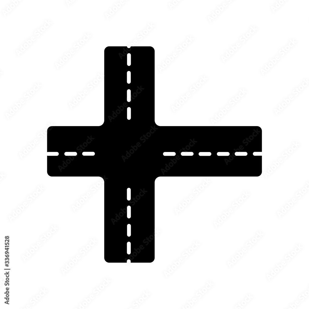 Obraz premium Crossroad black glyph icon. Intersection of roads. Crossing pavement ways. Junction of crosswalk. Urban infrastructure. Crossed motorway. Silhouette symbol on white space. Vector isolated illustration