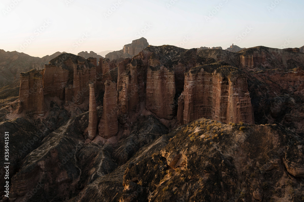 Binggou Danxia Landform National Park, beautiful rock formation in Zhangye, Gansu during sunset golden hour