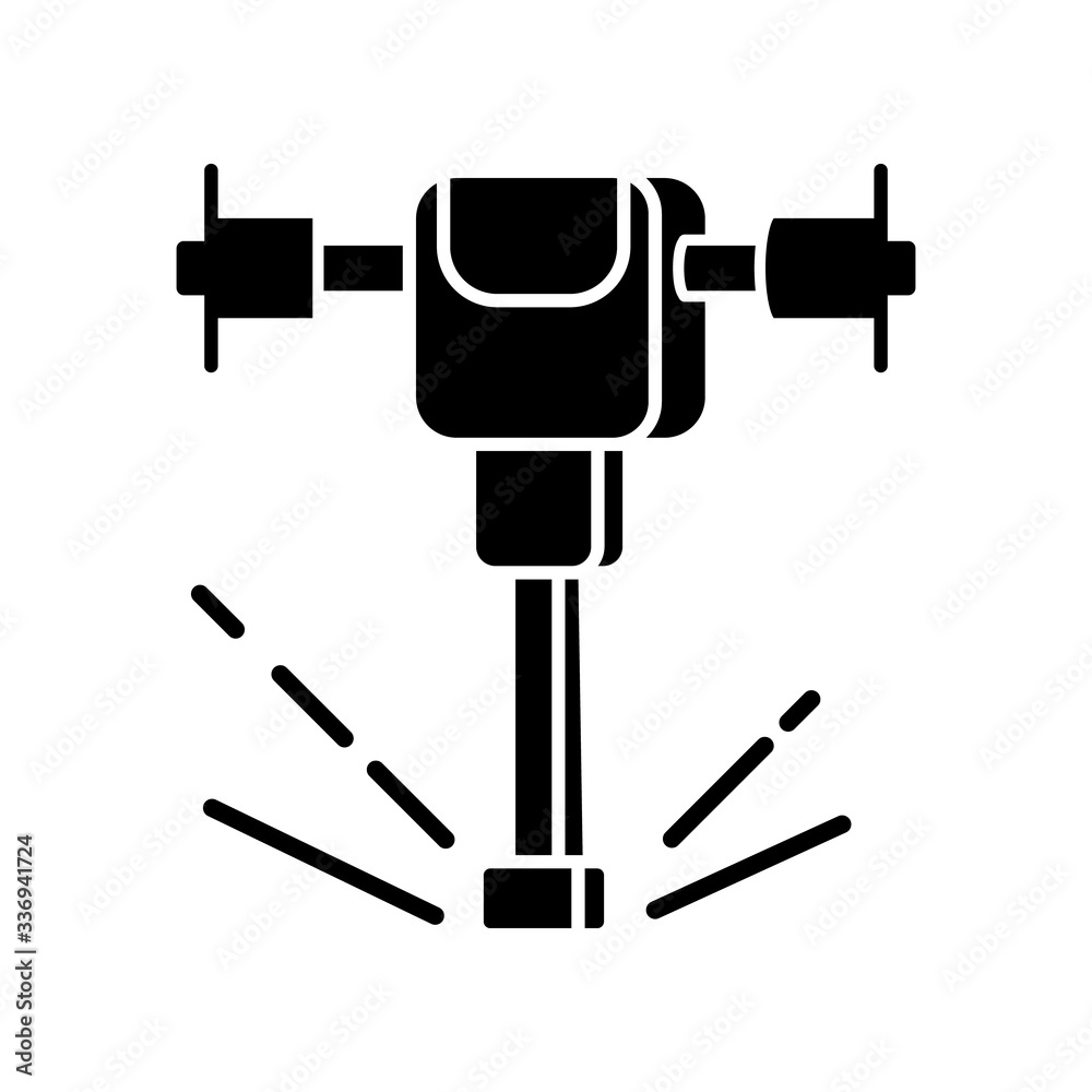 Road works perforator black glyph icon. Construction and demolition tool. Pneumatic instrument drilling in surface. Worker hardware. Silhouette symbol on white space. Vector isolated illustration Road works perforator black glyph icon. Construction and demolition tool. Pneumatic instrument drilling in surface. Worker hardware. Silhouette symbol on white space. Vector isolated illustration