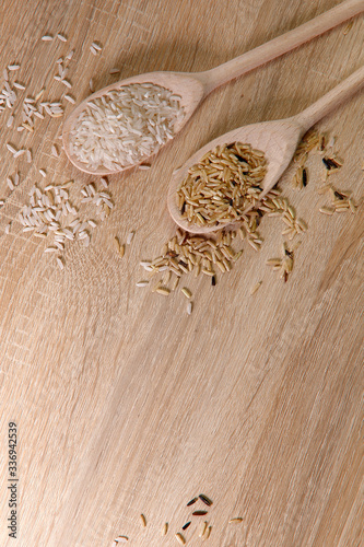 Background texture of grains of different rice. Top view on dry rice in spoons on a wooden table. Close up, vertical, place for text. The concept of a healthy diet and agriculture.