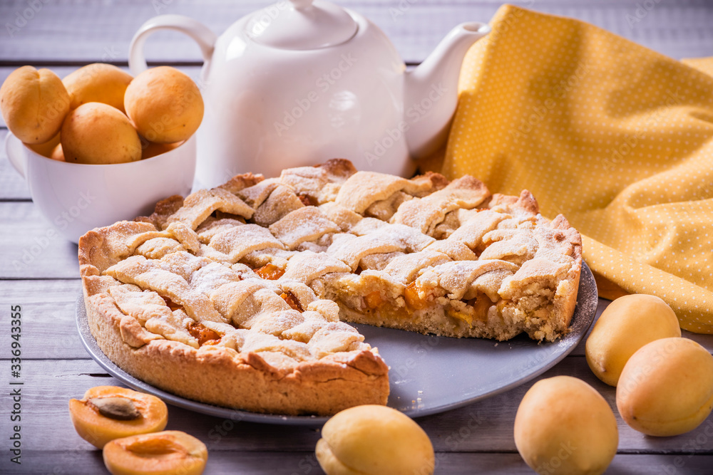 apricot pie on a wooden table