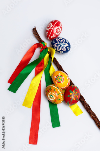 Beautiful Czech hand painted Easter Eggs and wicker Easter twig, precise design, bright colors, white background