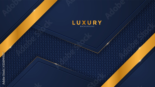 Abstract blue luxury background with golden royal shiny borders. Vector geometric illustration, elegant seamless pattern. Can be used for premium royal party. Luxury poster BG template and decoration.