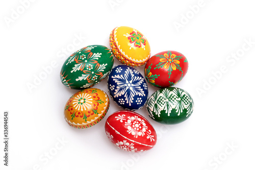 Group of beautiful bright color hand painted Czech Easter eggs isolated on white background