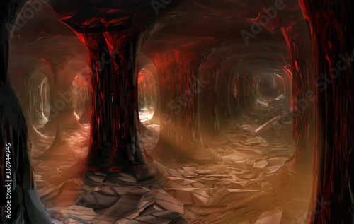 Dark cave with columns and rays of light. 3d illustration