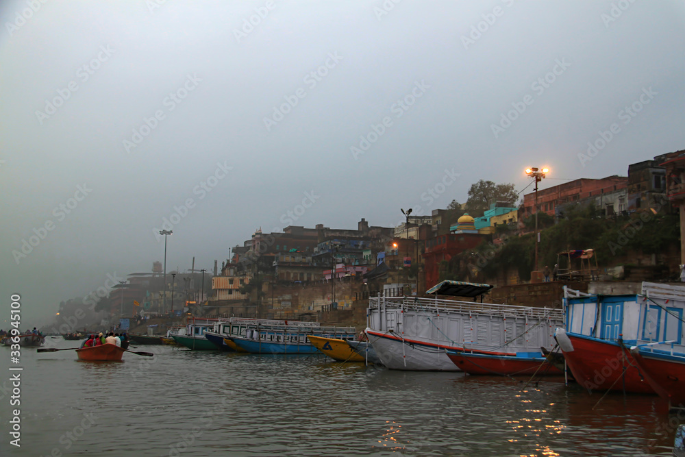 The ghats of Varanasi along the western shore of the sacred Ganges