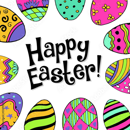 Vector illustration with colourfull easter eggs and the message happy easter. Simply colours joy  faith