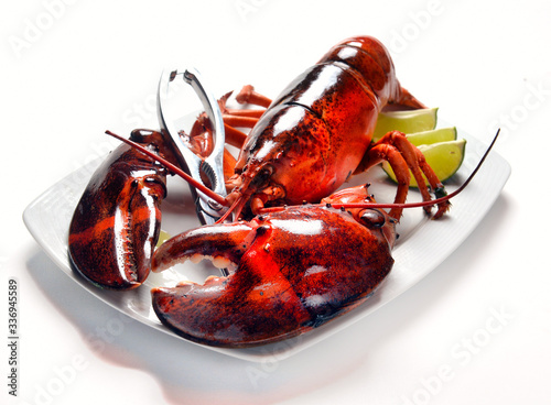 lobster on a white plate with lemon