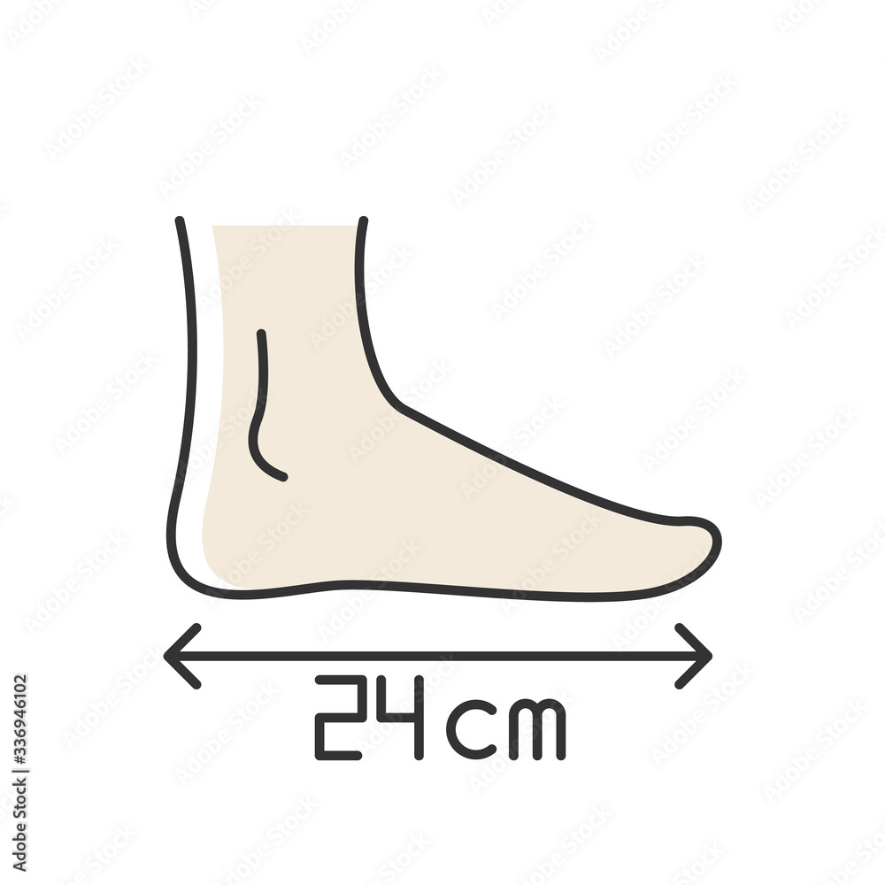 Foot length RGB color icon. Human body parameters measurement, shoemaking. Foot size from heel to toe specification for bespoke shoes. Isolated vector illustration Foot length RGB color icon. Human body parameters measurement, shoemaking. Foot size from heel to toe specification for bespoke shoes. Isolated vector illustration