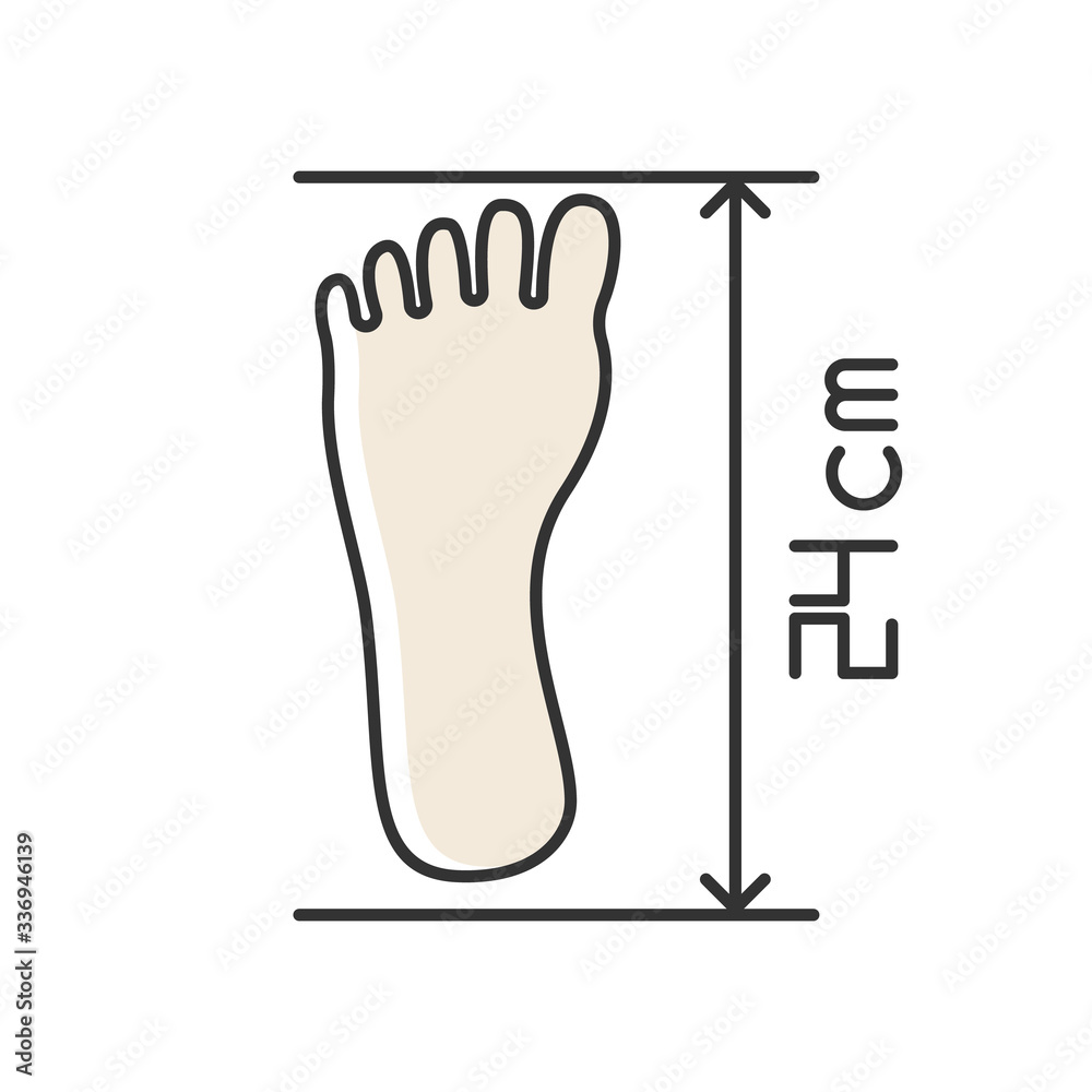 Foot length from toe to heel RGB color icon. Body part size ...