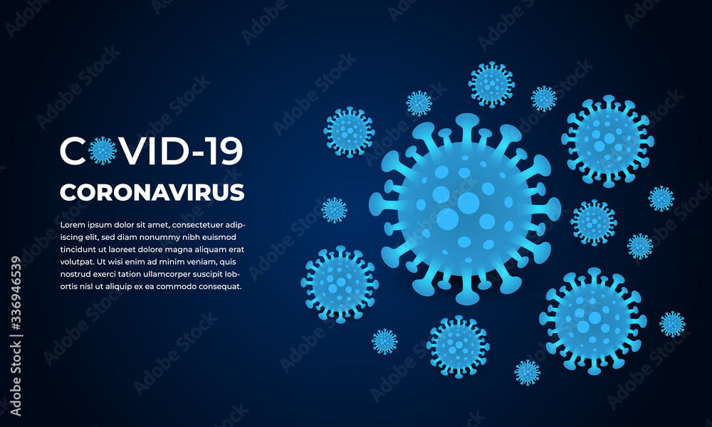 Corona virus infection covid-19. Coronavirus dark vector background. 2019-ncov virus on a navy blue background. Virus corona cells. Vector Illustration.